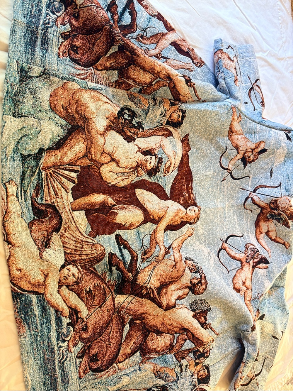 rebels Blue and Brown Jean Jacket with Renaissance Cherub Tapestry Print